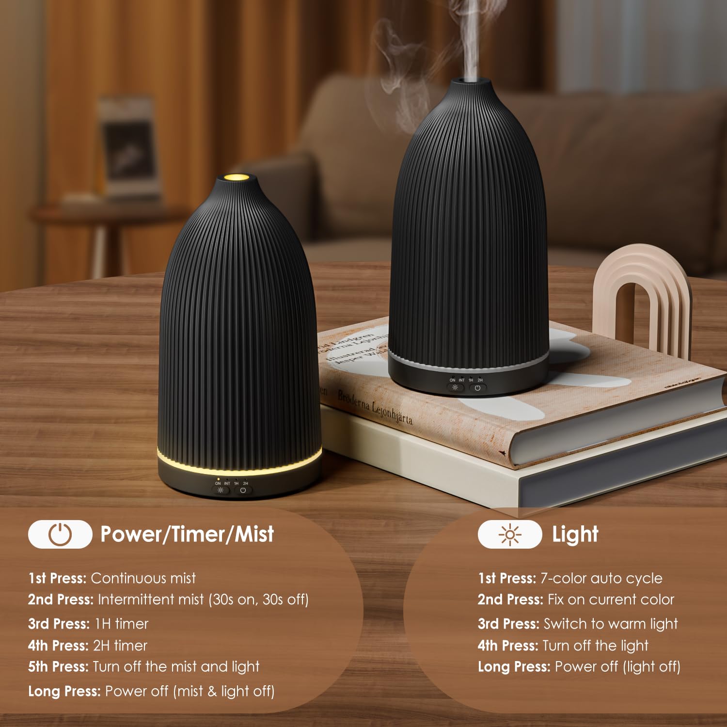 SALKING diffuser timer options On, 1H, and 2H for customization