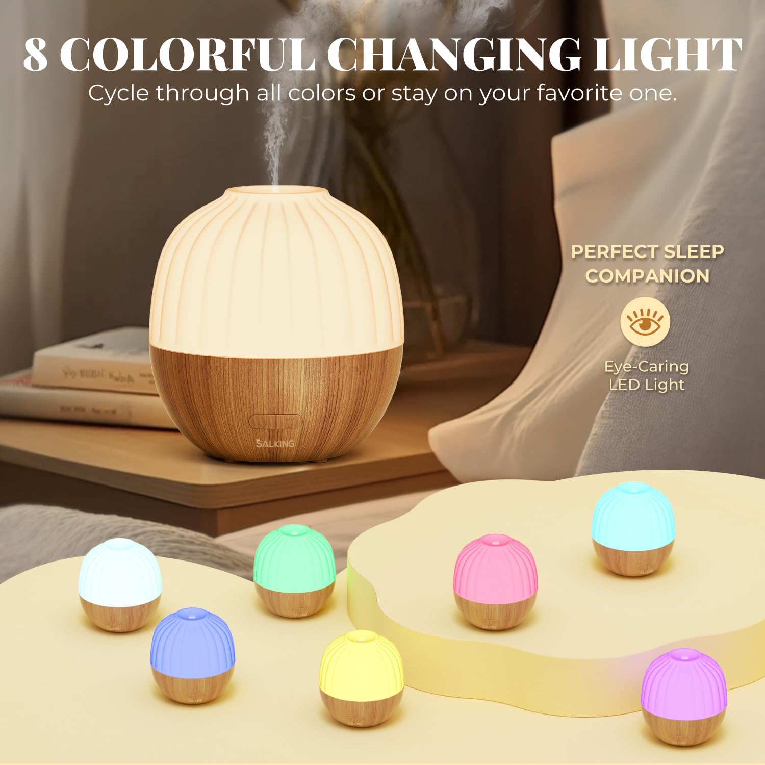SALKING Essential Oil Diffuser shows eight-color LED ambient lighting