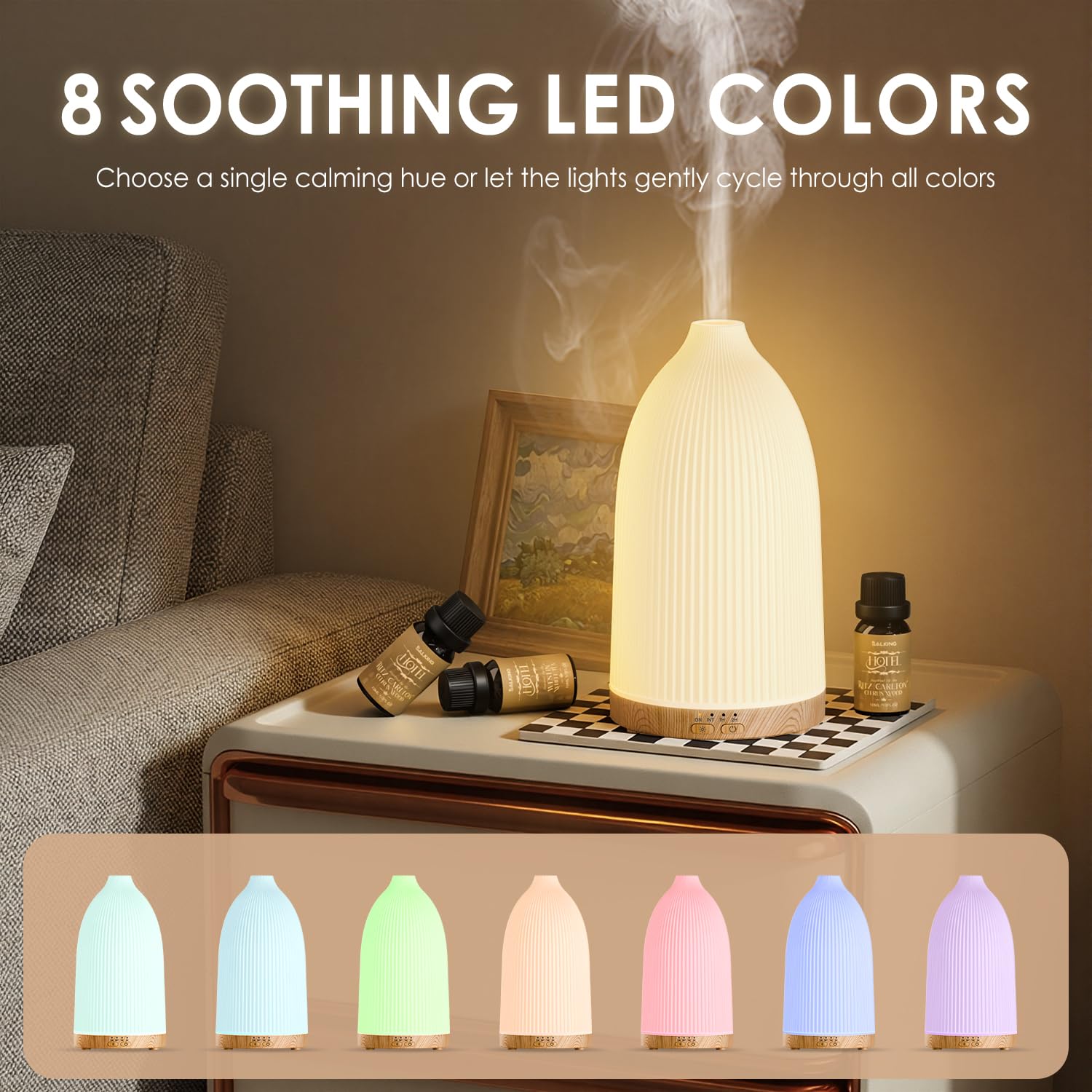 Salking diffuser provides dual mist modes for steady aroma or gentle intermittent diffusion.