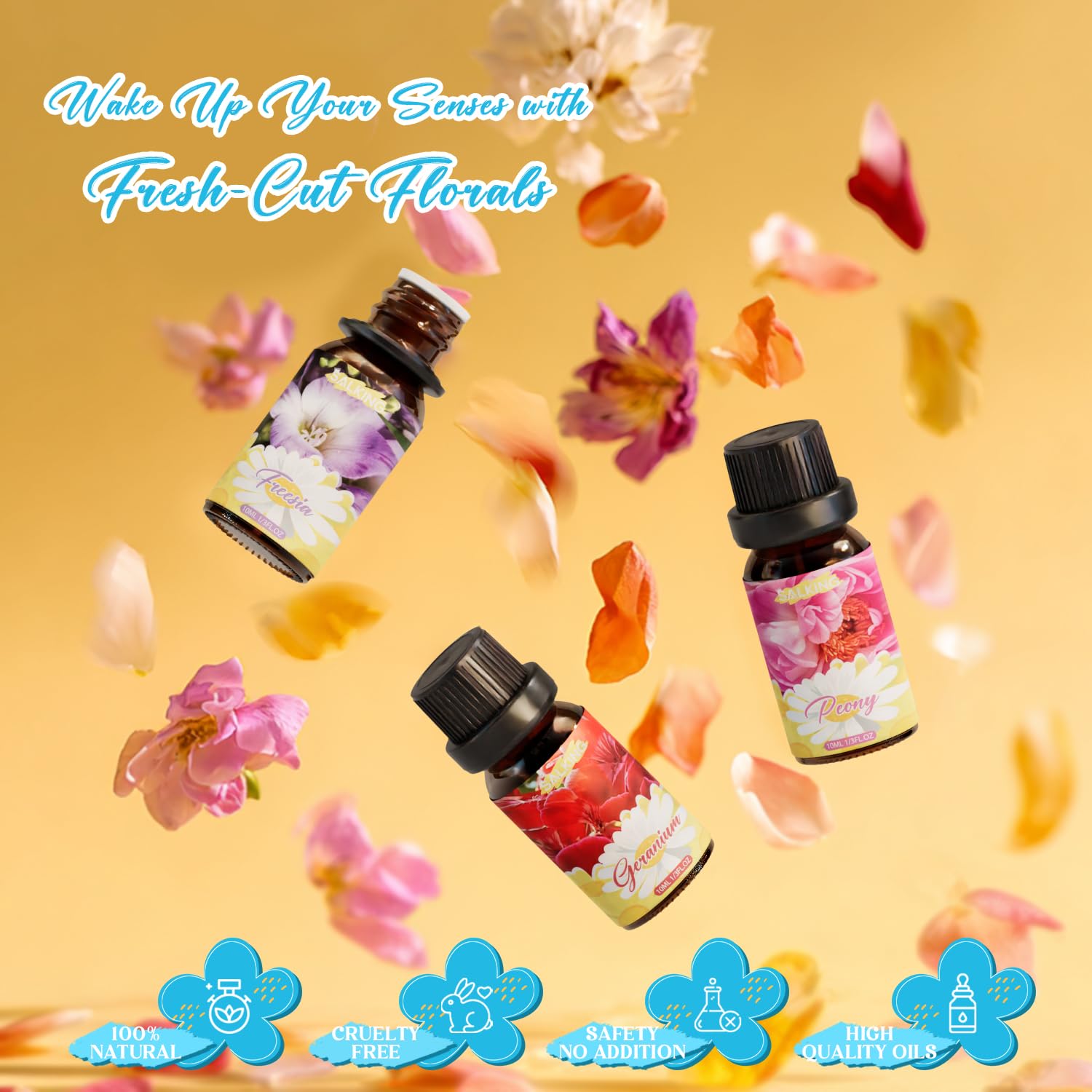 SALKING geranium oil bottle brightens rooms with floral lift.