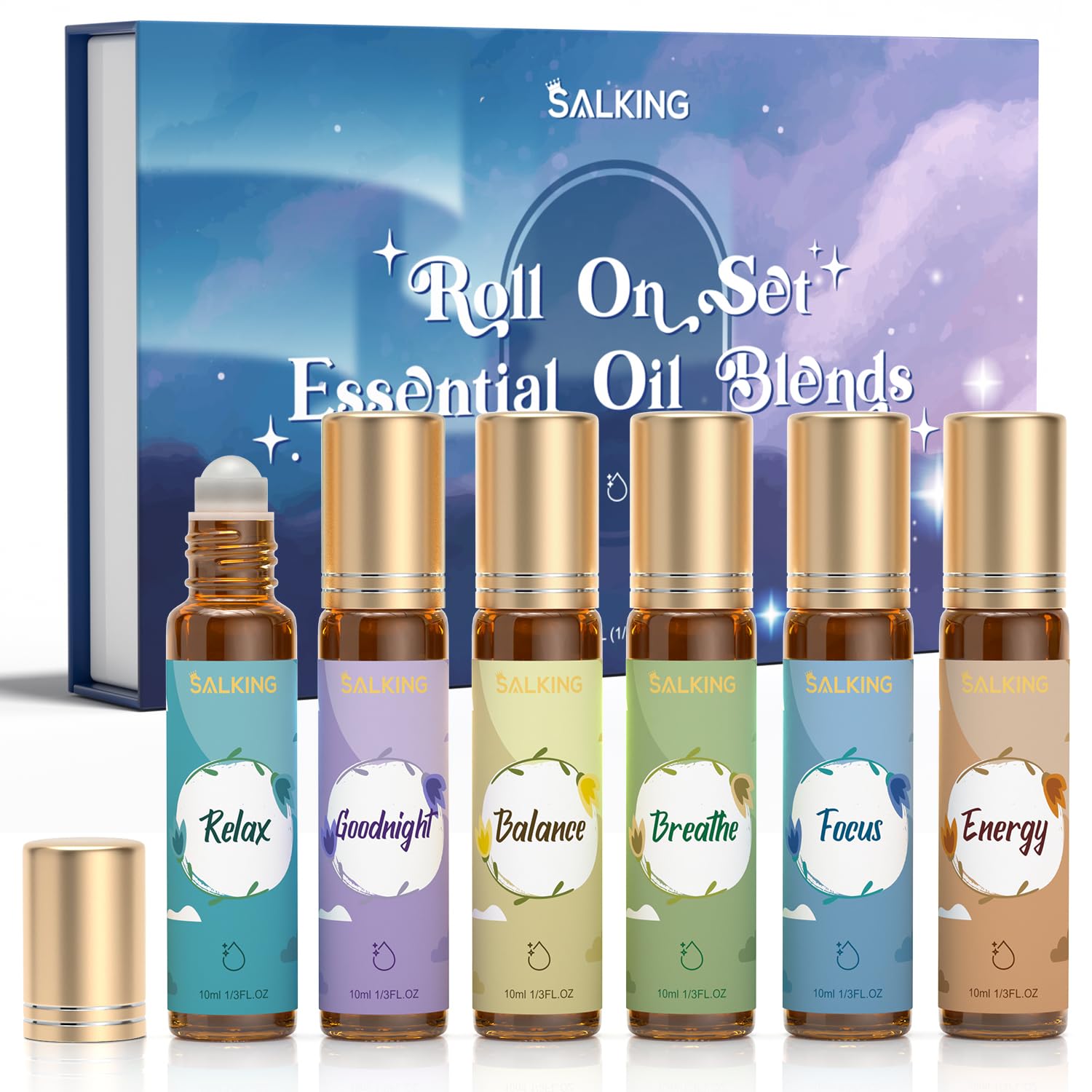 SALKING essential oils roll-on set in six-pack bottles for convenient on-the-go aromatherapy.