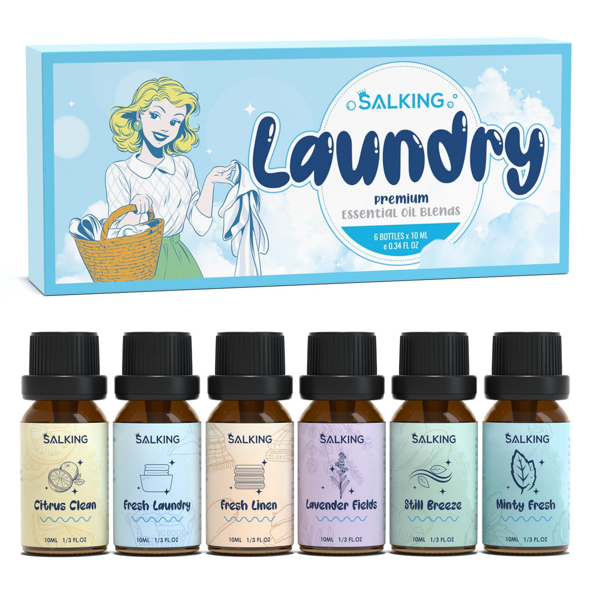 SALKING Laundry Collection Essential Oils Set bottles for natural, long-lasting laundry fragrance.