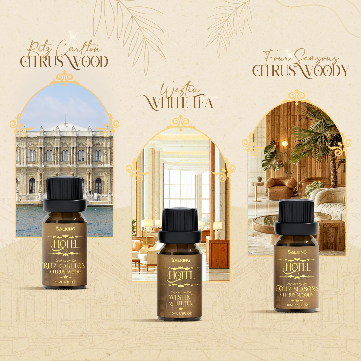 SALKING six-bottle collection featuring luxury hotel scent profiles.