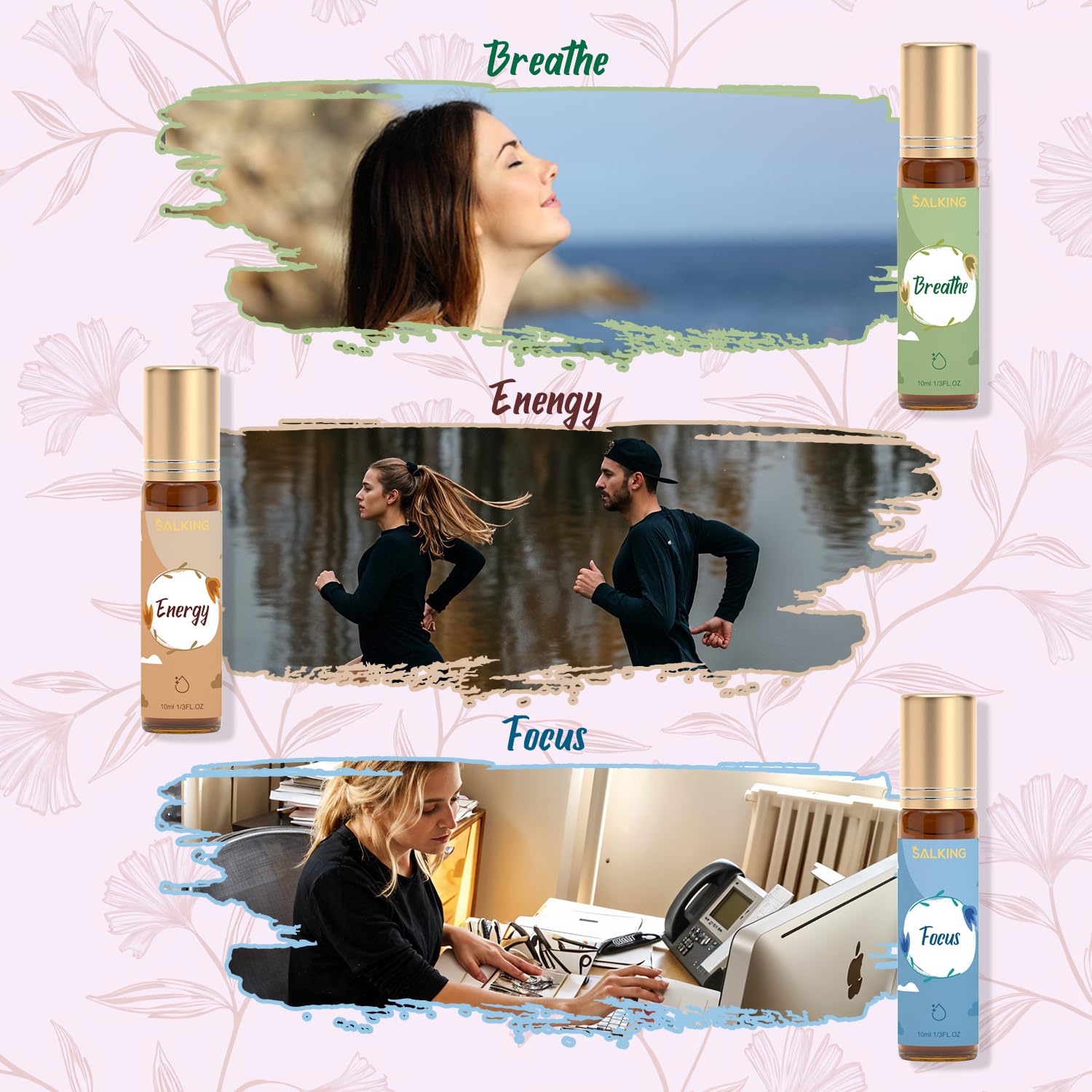 SALKING roll-on application targets wrists and temples for quick soothing rituals.