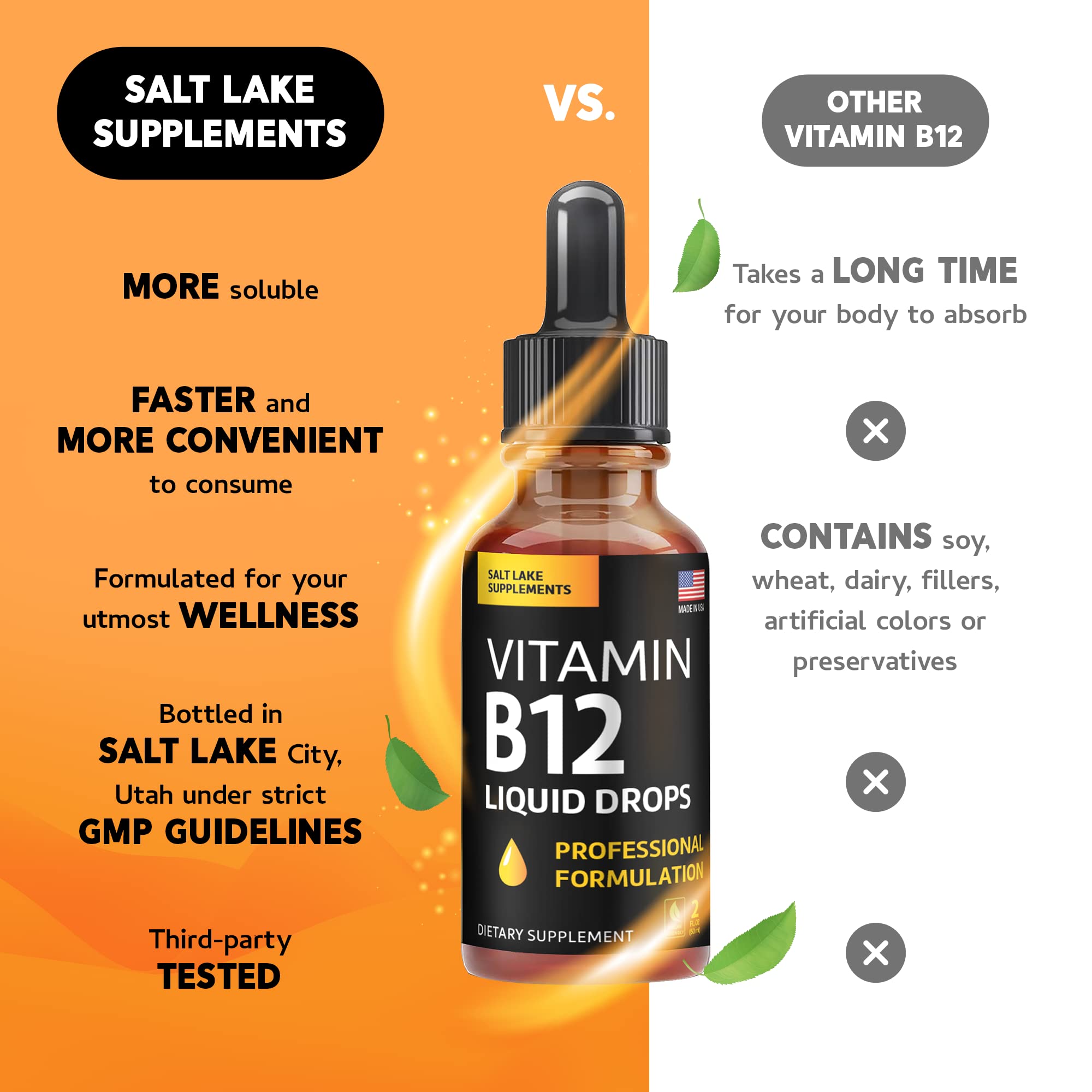 Salt Lake Supplements vegan, non-GMO B12 liquid in clear bottle.