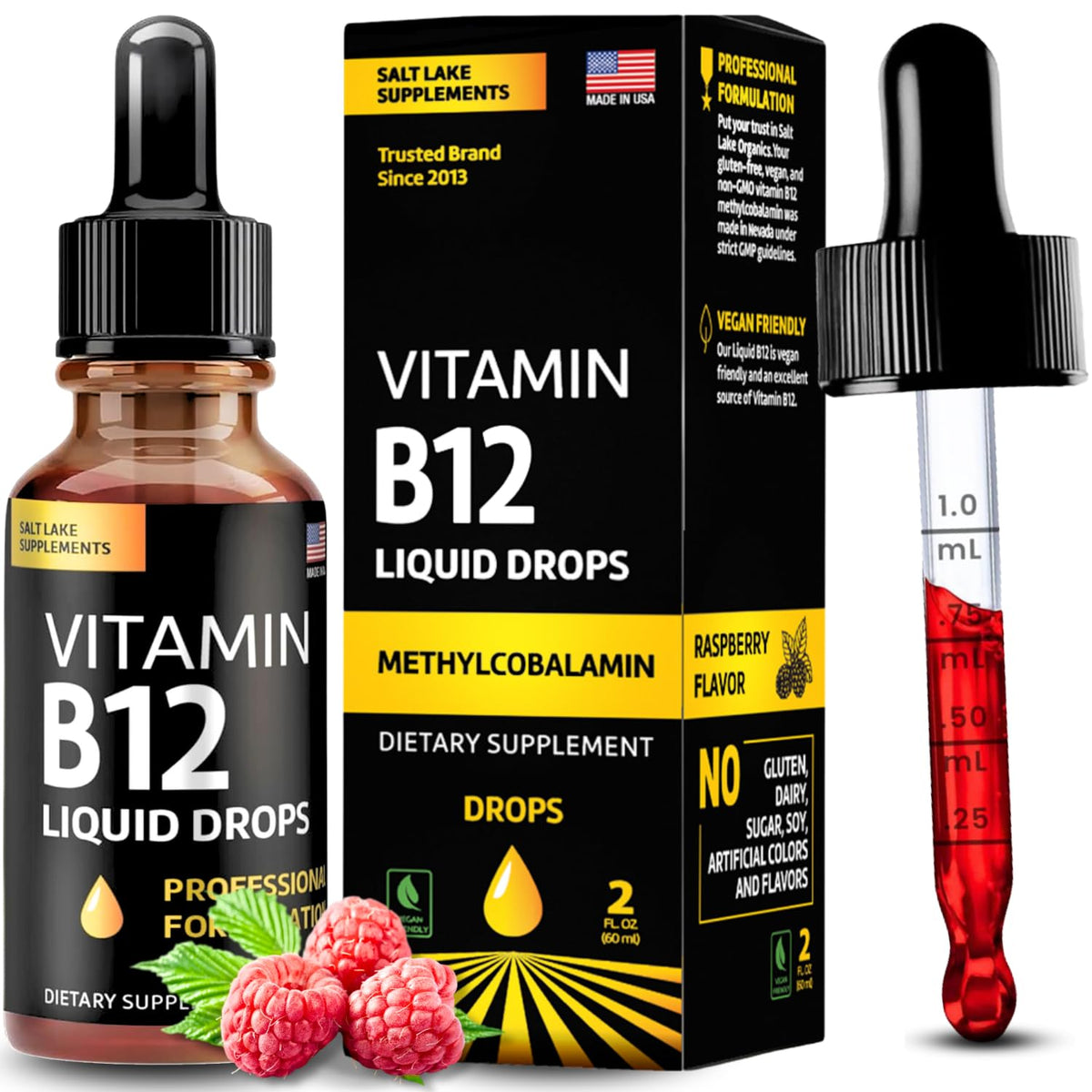 Salt Lake Supplements Vitamin B12 liquid drops in amber bottle for fast absorption.