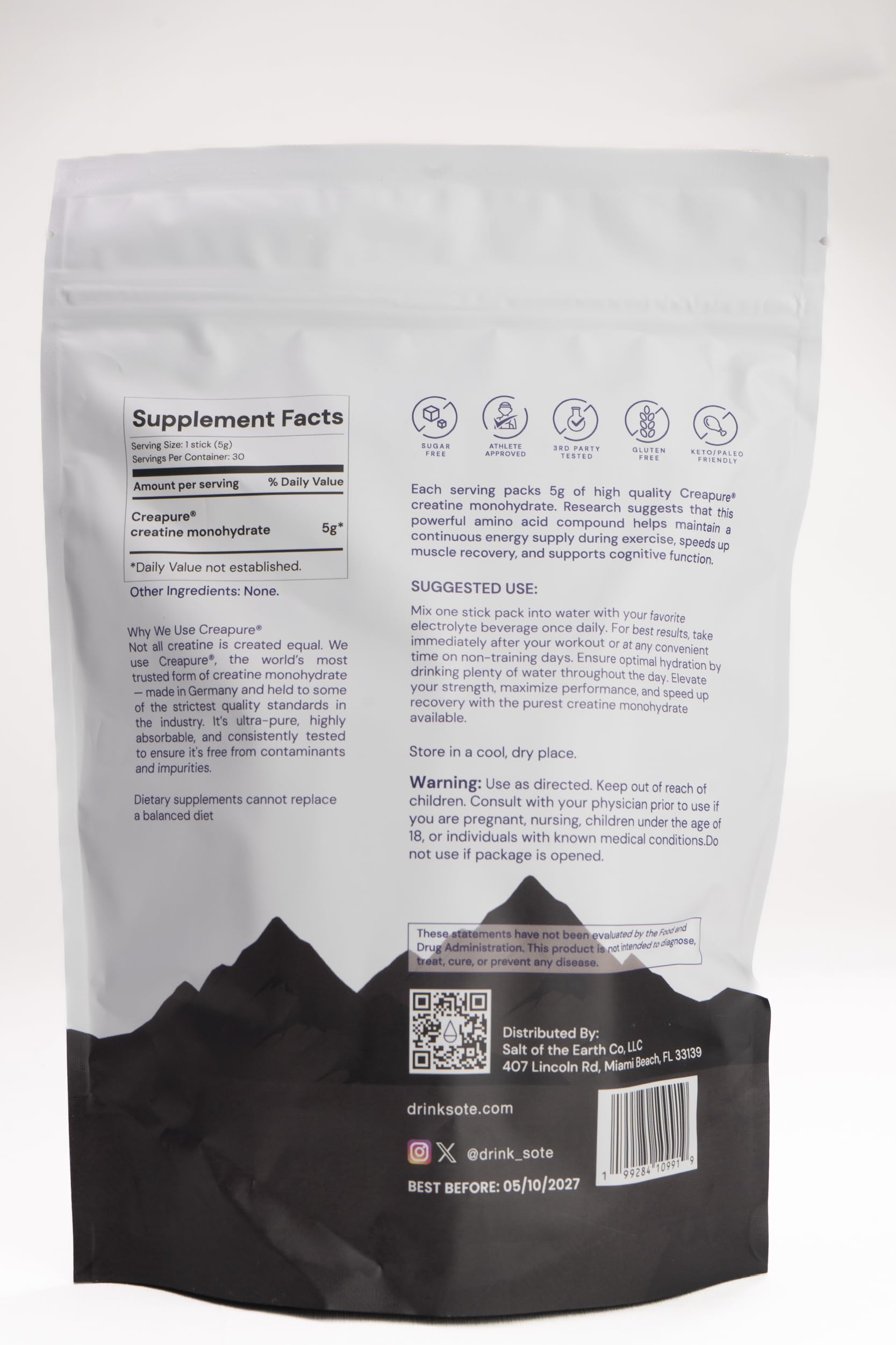 Salt of the Earth Creatine gluten-free and keto-friendly icons.