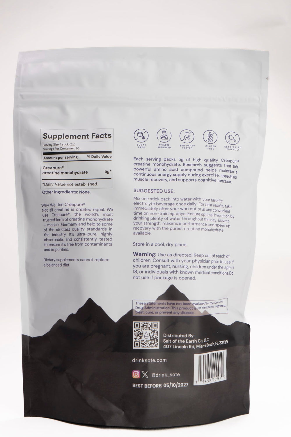 Salt of the Earth Creatine gluten-free and keto-friendly icons.