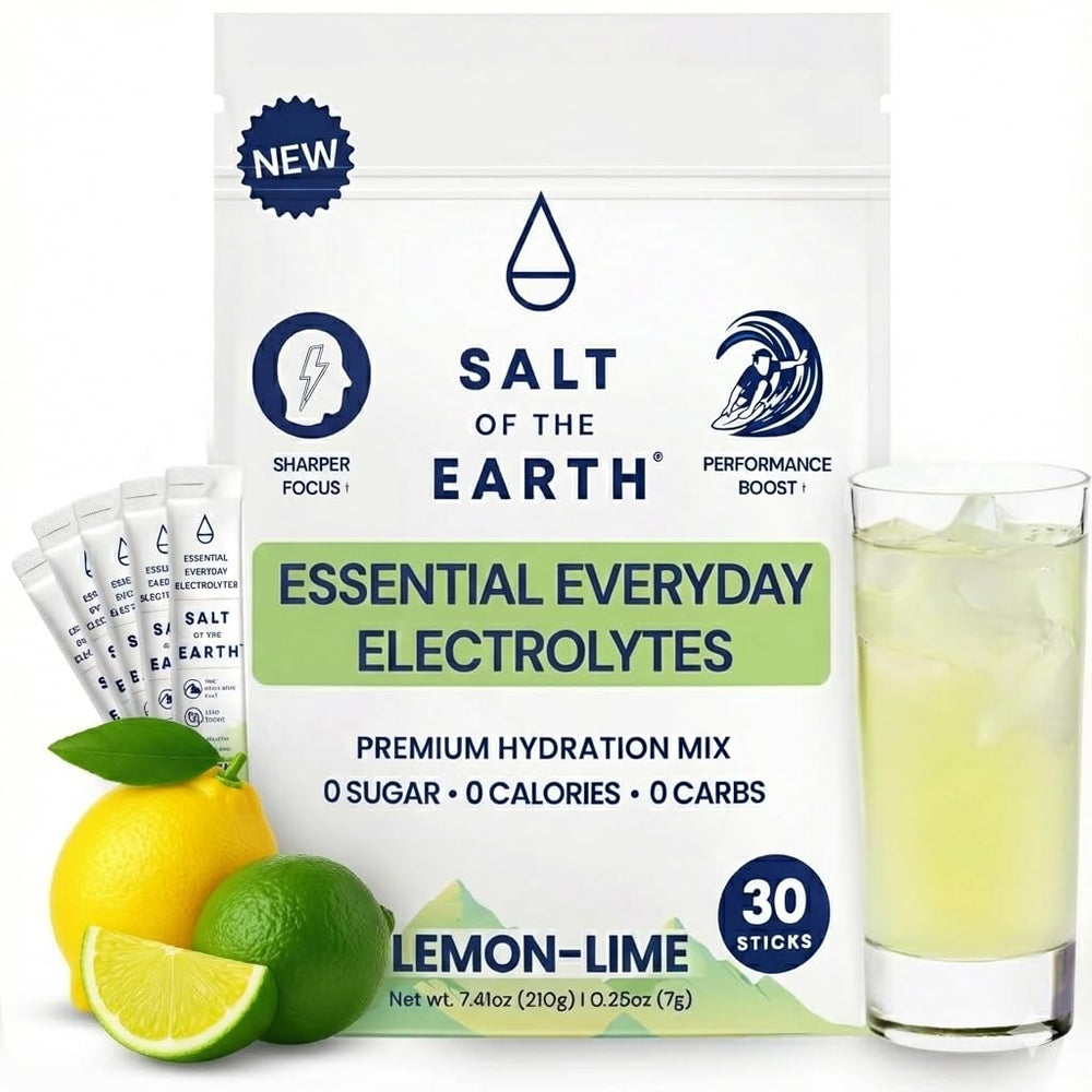 Salt of the Earth Lemon Lime electrolyte packet for zero-sugar hydration during workouts; keto-friendly.