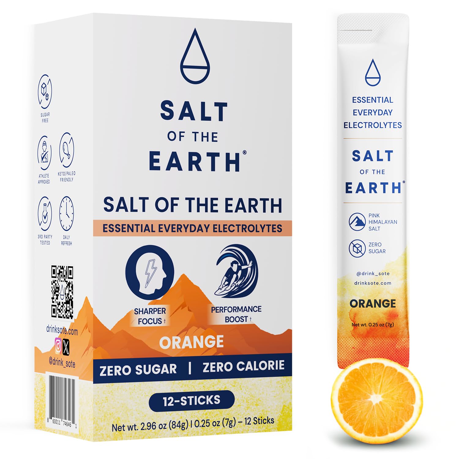 Salt of the Earth orange electrolyte sticks for on-the-go hydration.