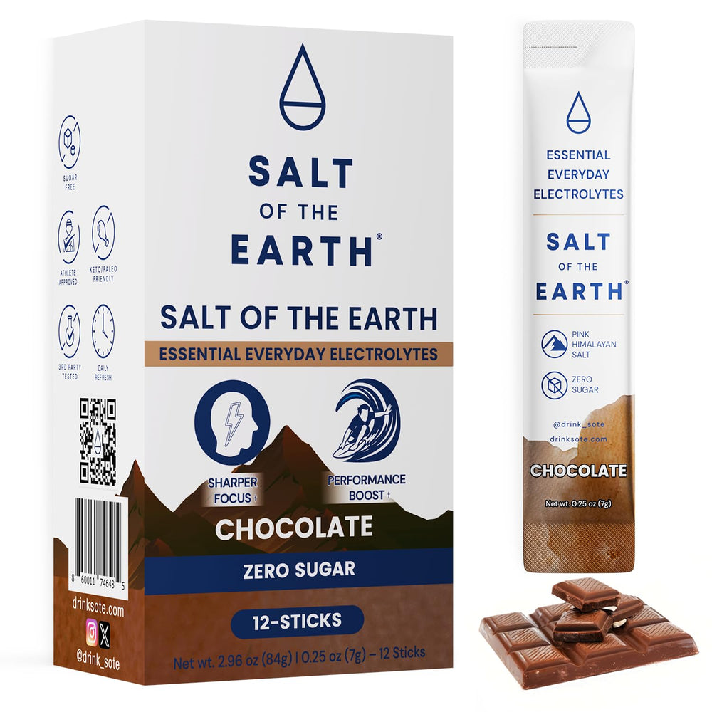 Salt of the Earth packets opened showing zero-sugar electrolyte mix for quick hydration.