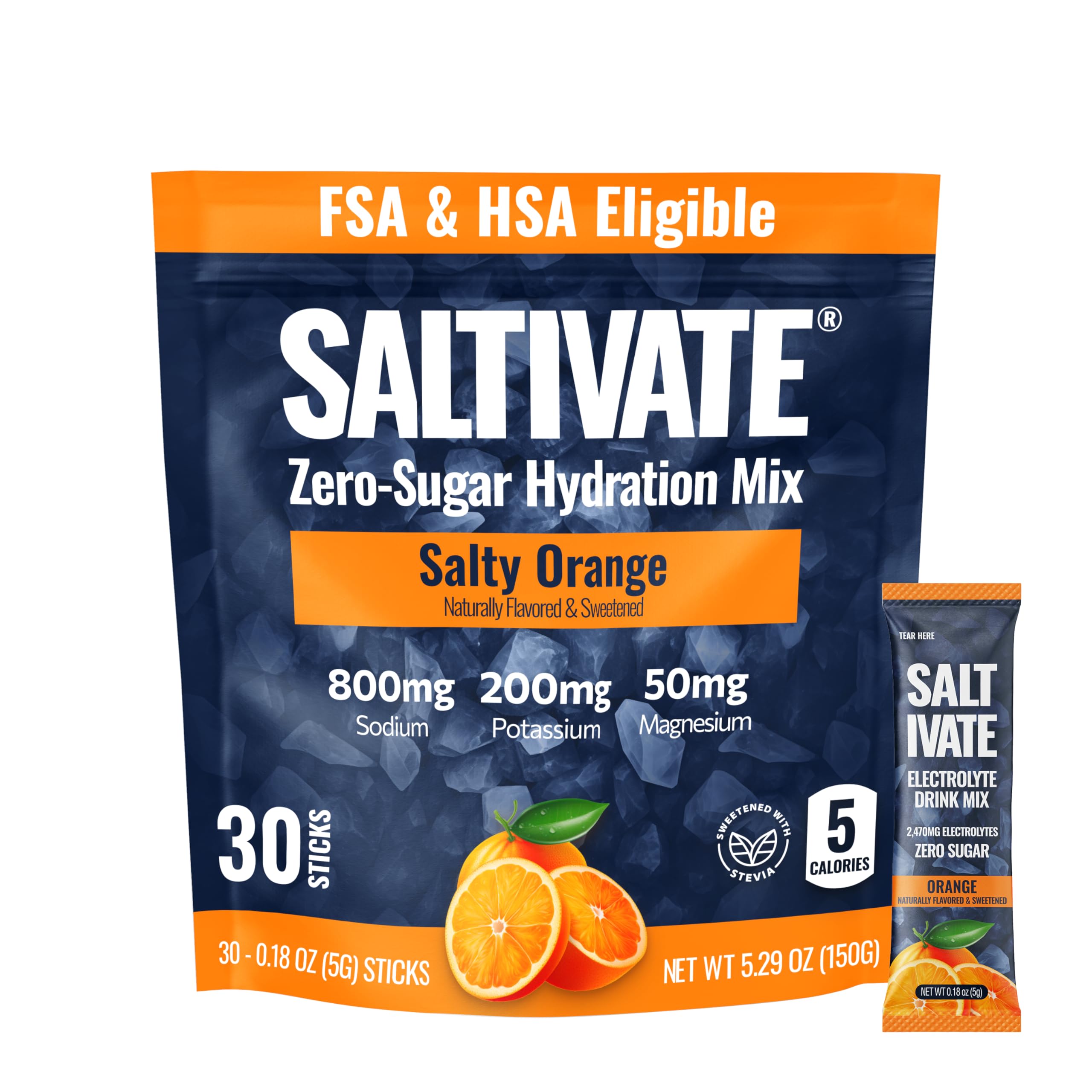Saltivate Salty Orange electrolyte packets front view for quick hydration during workouts.