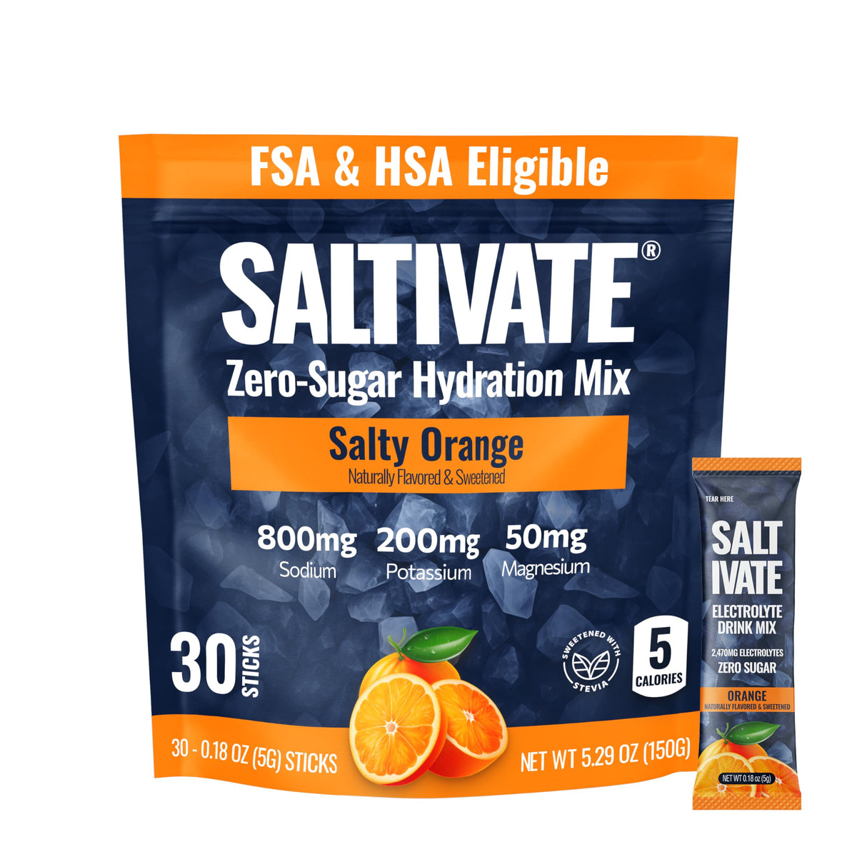 Saltivate Salty Orange electrolyte packets front view for quick hydration during workouts.