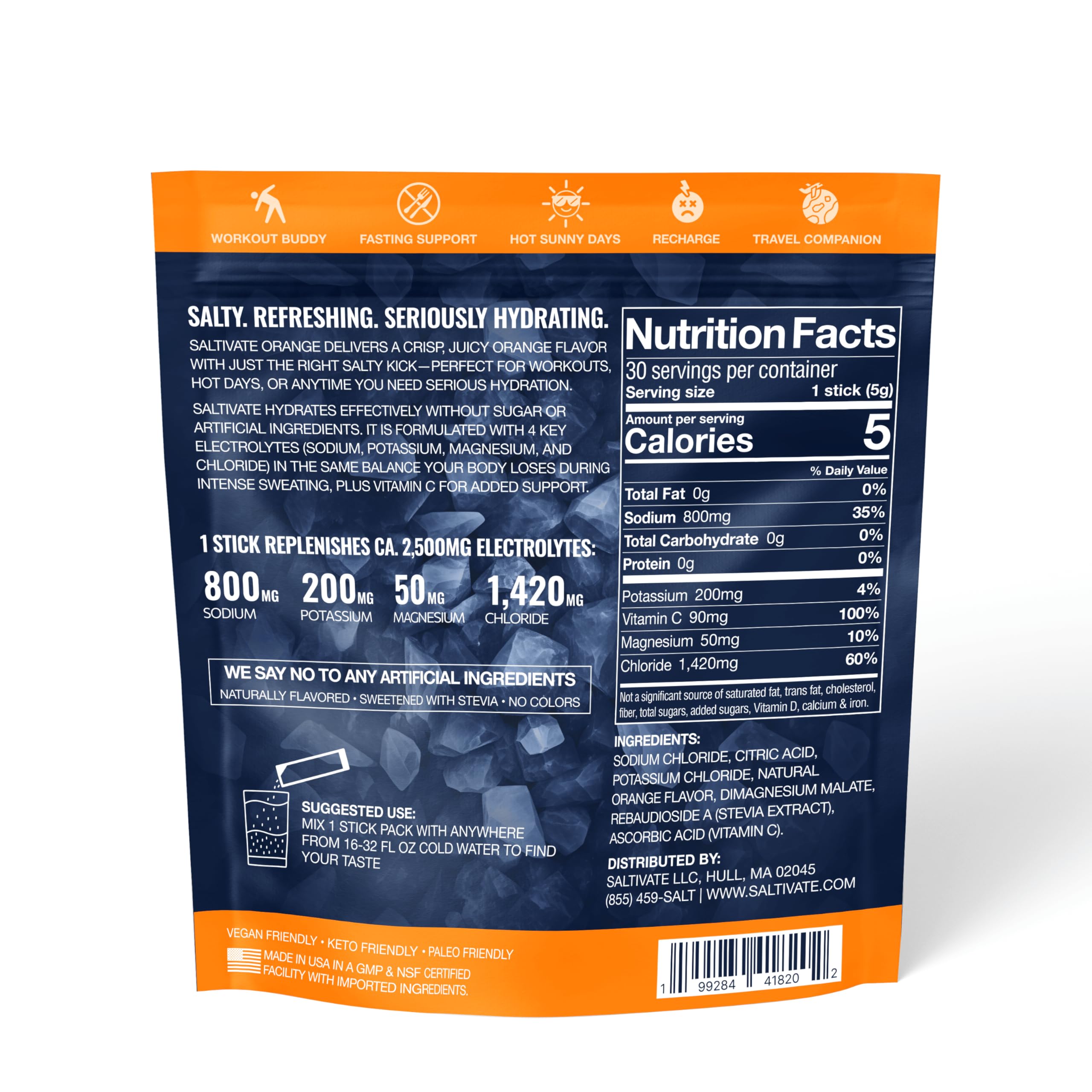 Saltivate Salty Orange packet in pocket for on-the-go hydration.