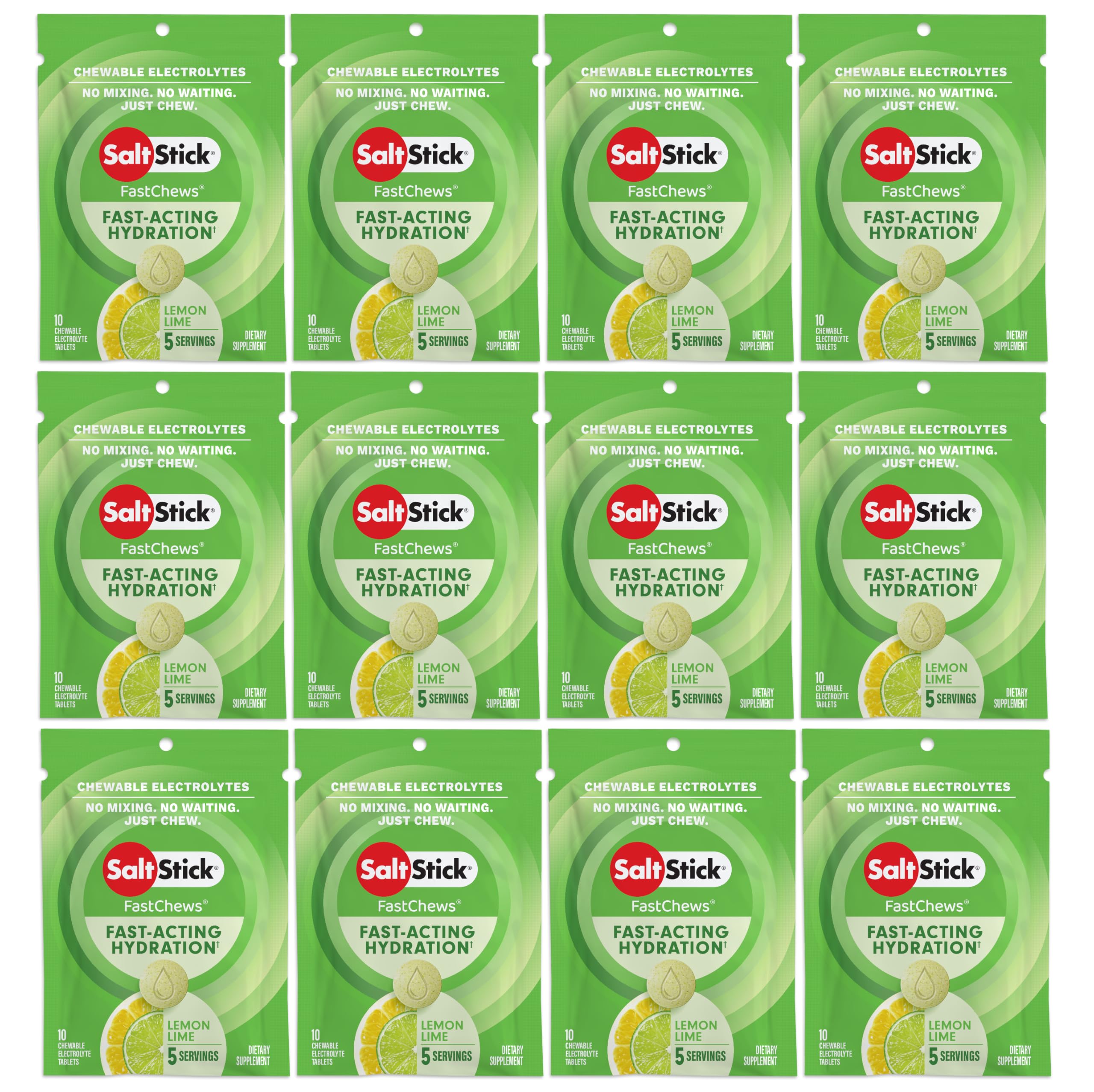 SaltStick Electrolyte FastChews lemon-lime tablets for hydration during activity.