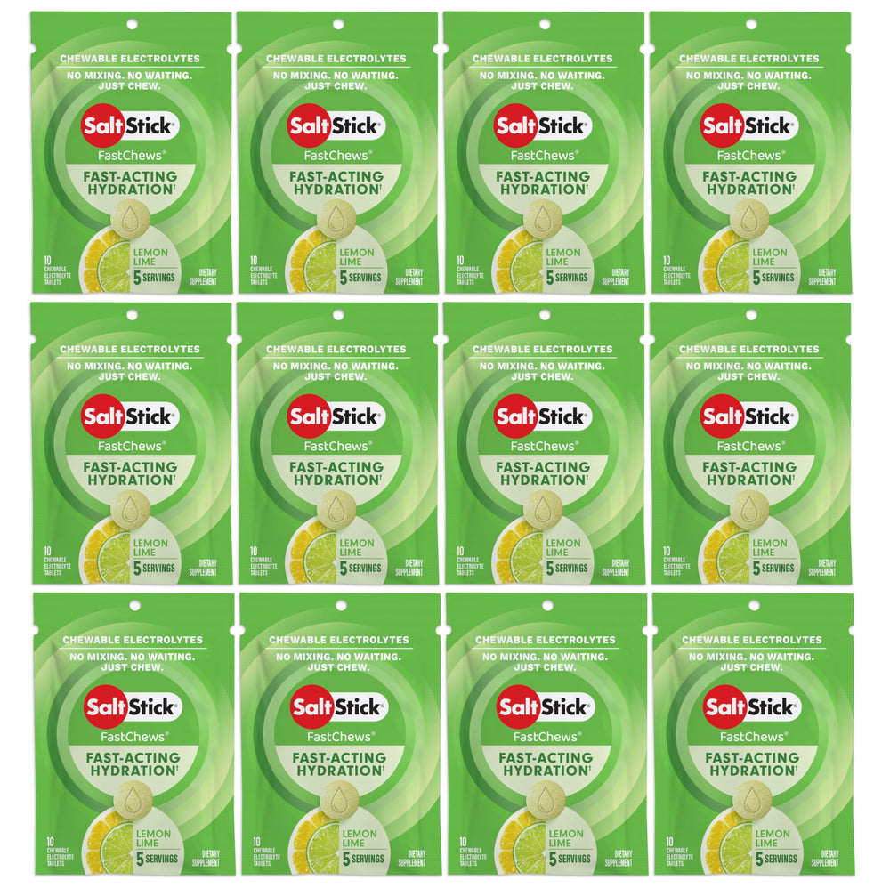 SaltStick Electrolyte FastChews lemon-lime tablets for hydration during activity.