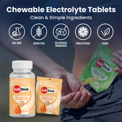 SaltStick Electrolyte FastChews peach bottle designed for runners and athletes on the move.
