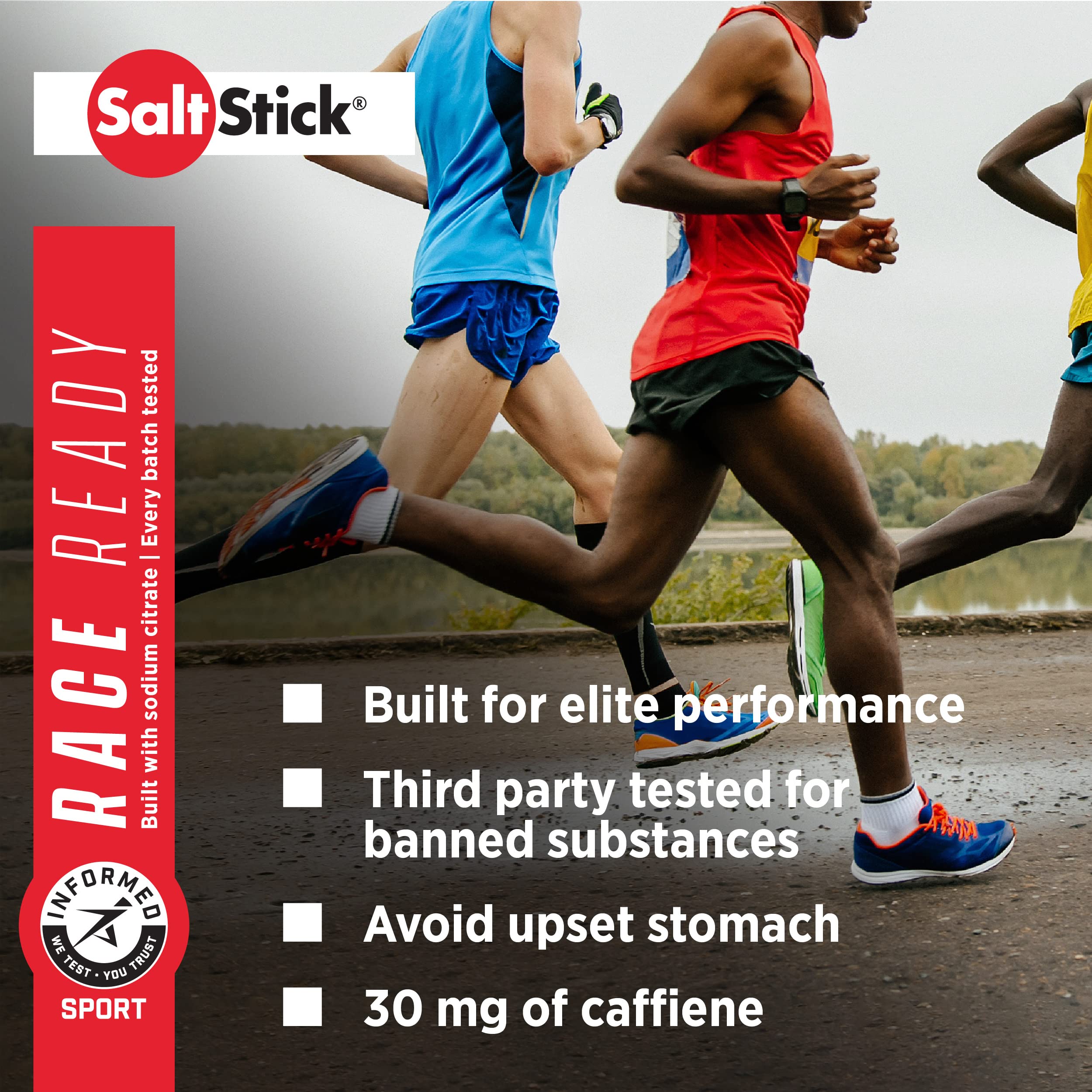 SaltStick Electrolytes capsules close-up highlighting caffeine boost for energy.
