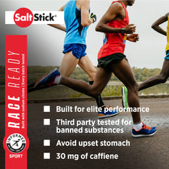 SaltStick Electrolytes capsules close-up highlighting caffeine boost for energy.