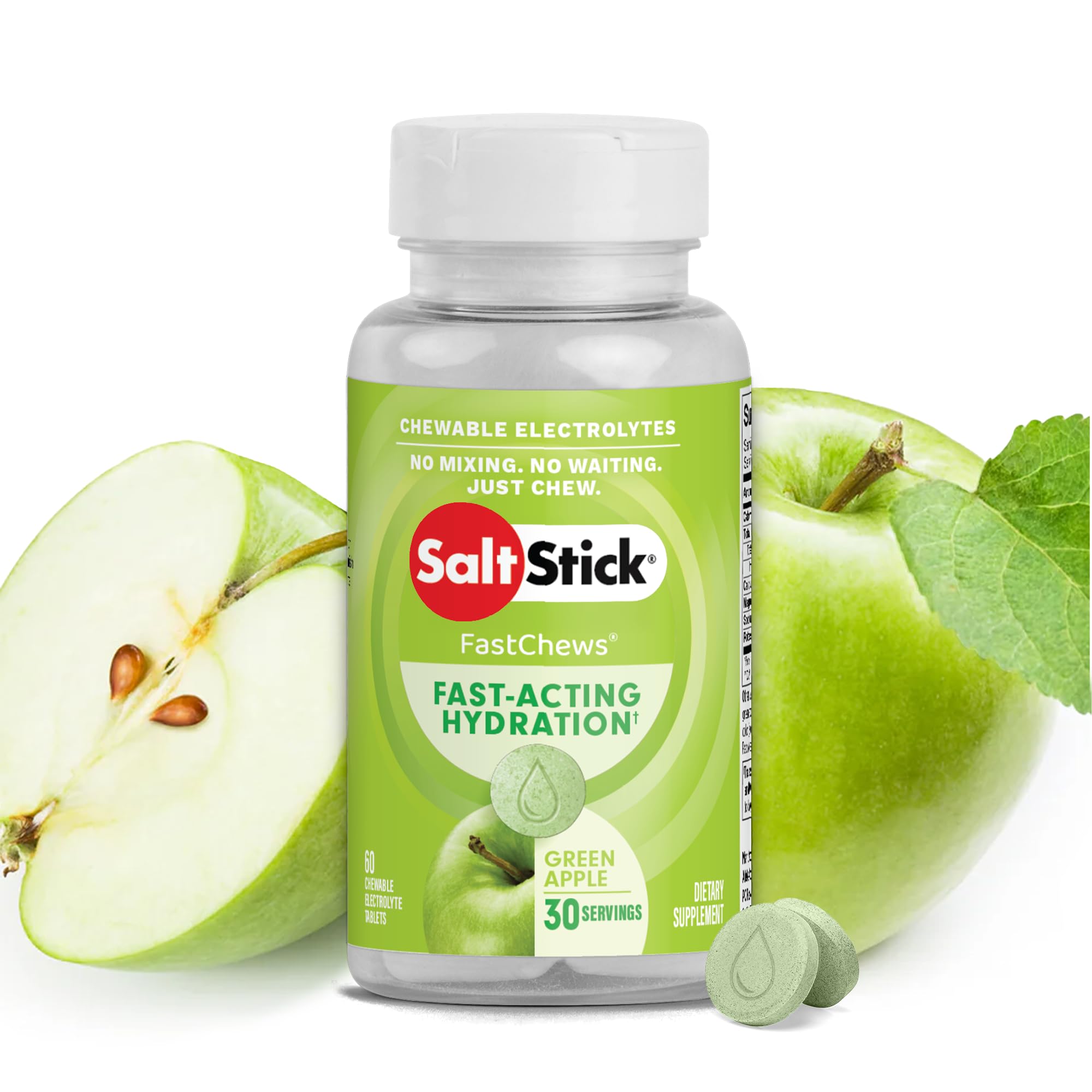 SaltStick FastChews green apple bottle for quick workout hydration