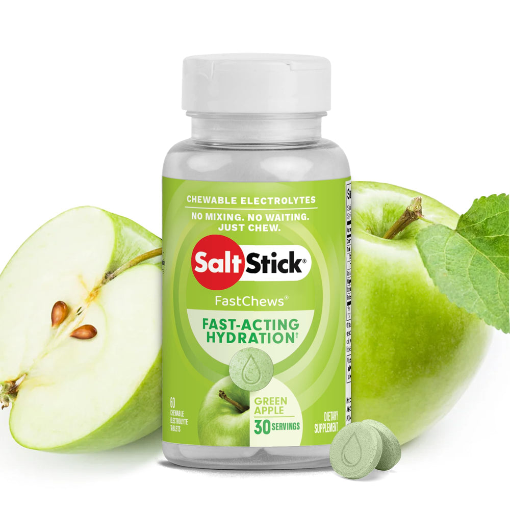 SaltStick FastChews green apple bottle for quick workout hydration