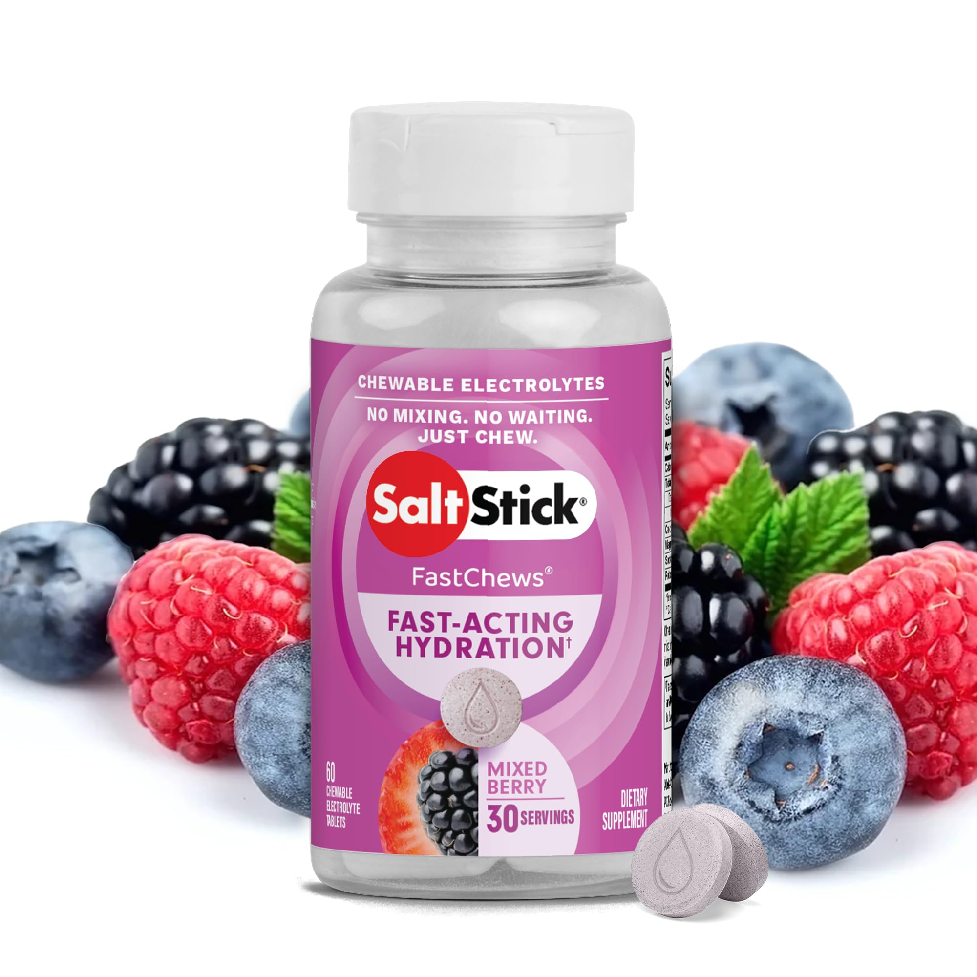 SaltStick FastChews mixed berry tablets close-up for quick hydration during workouts.
