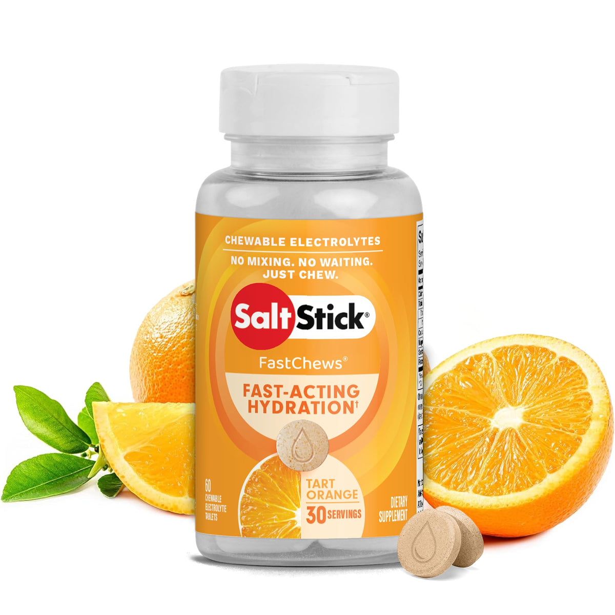 SaltStick FastChews orange tablets close-up for workout hydration.