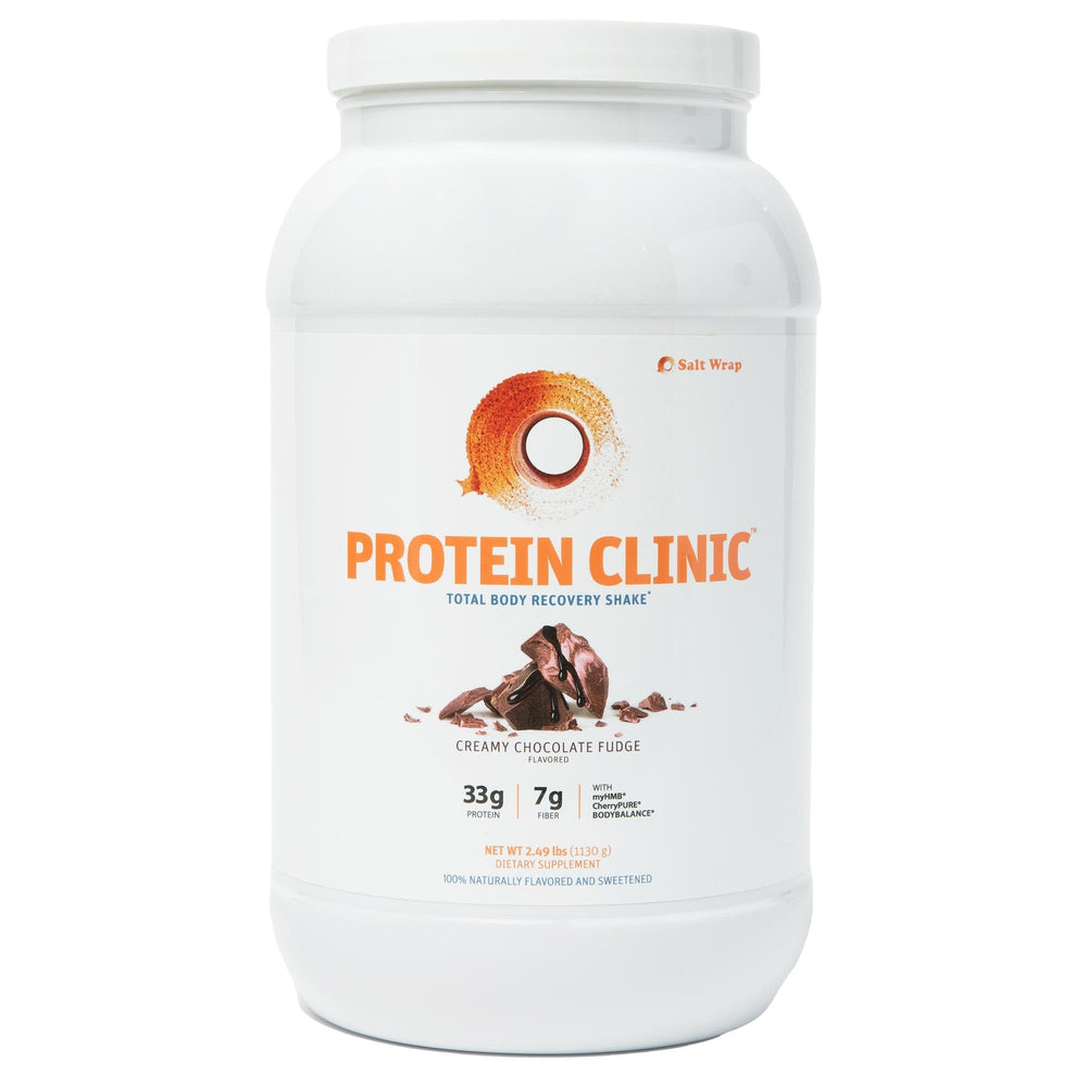 SaltWrap Protein Clinic creamy chocolate fudge shake ready in a glass for post-workout recovery