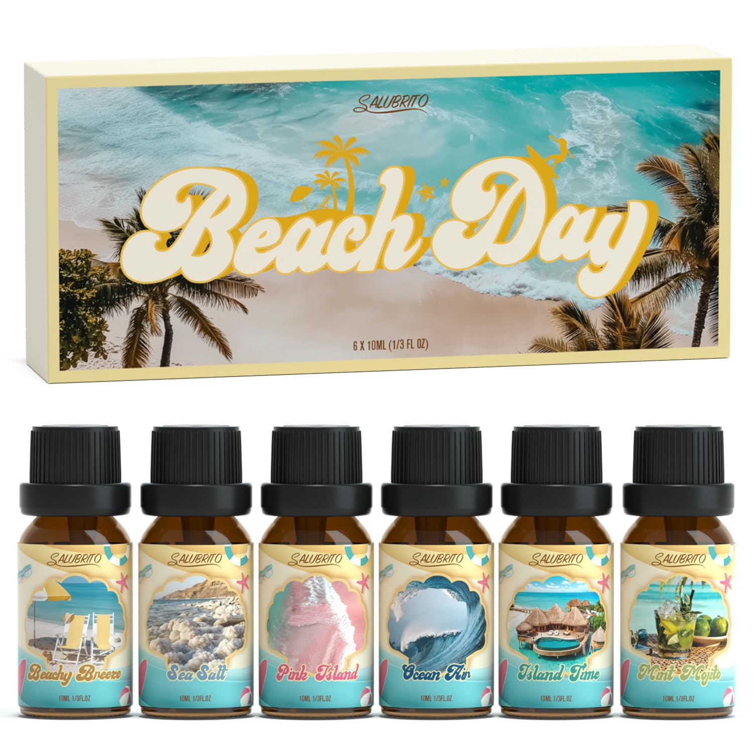 Salubrito Beach Fragrance Set bottle releasing tropical notes for relaxation and ambiance.