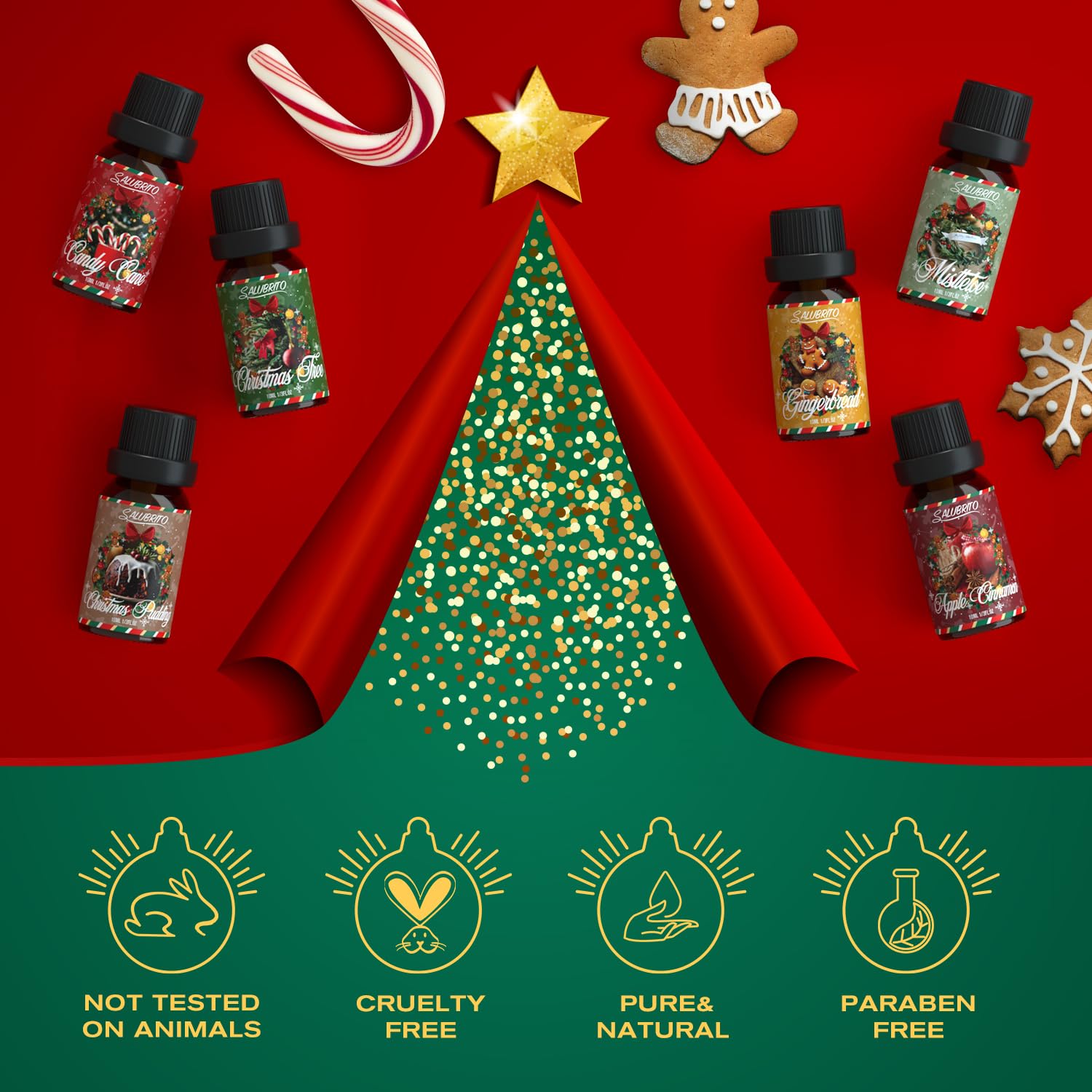 Salubrito Christmas tree oil bottle provides pine scent for holiday ambiance