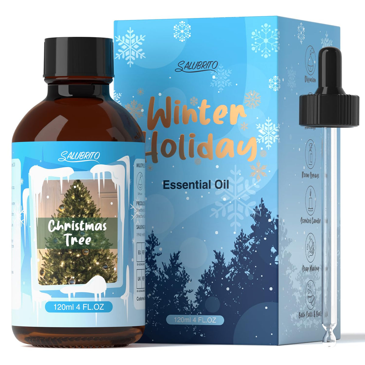 Salubrito Christmas Tree oil bottle closeup showing rich evergreen aroma for diffusers.
