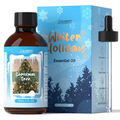 Salubrito Christmas Tree oil bottle closeup showing rich evergreen aroma for diffusers.