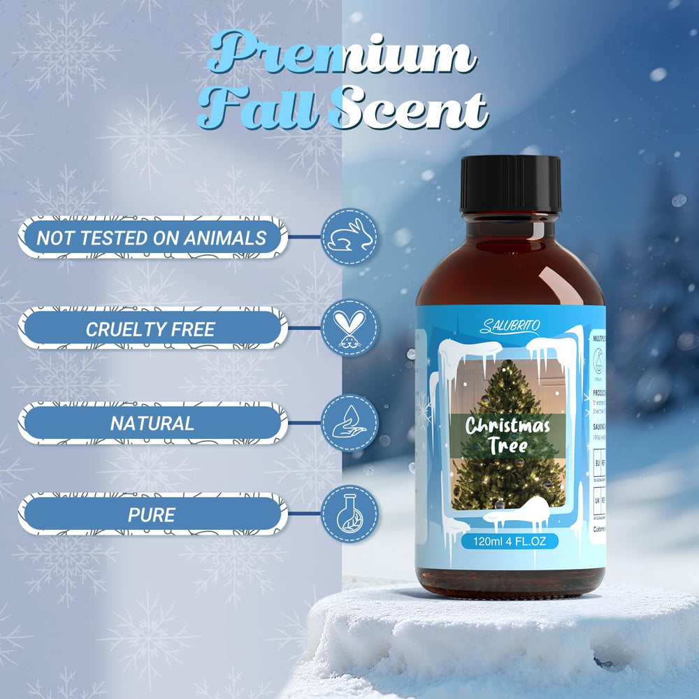 Salubrito Christmas Tree oil bottle with woodsy notes for home fragrance.