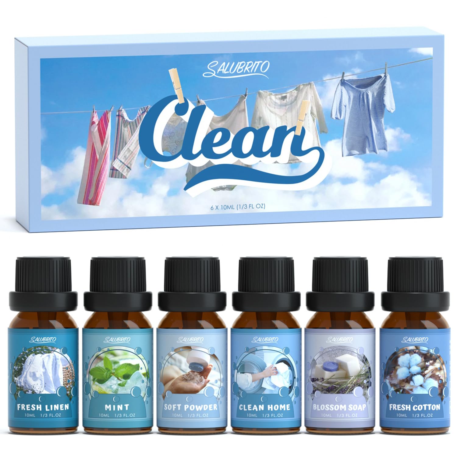 Salubrito Clean Fragrance Oils Set bottle pour for a fresh cotton aroma