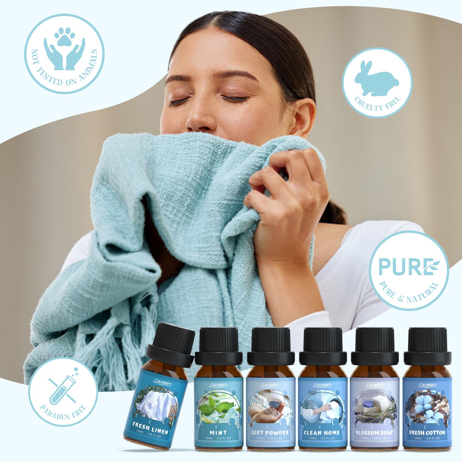 Salubrito Clean Fragrance Oils Set diffuser scene with sun-kissed cotton scent