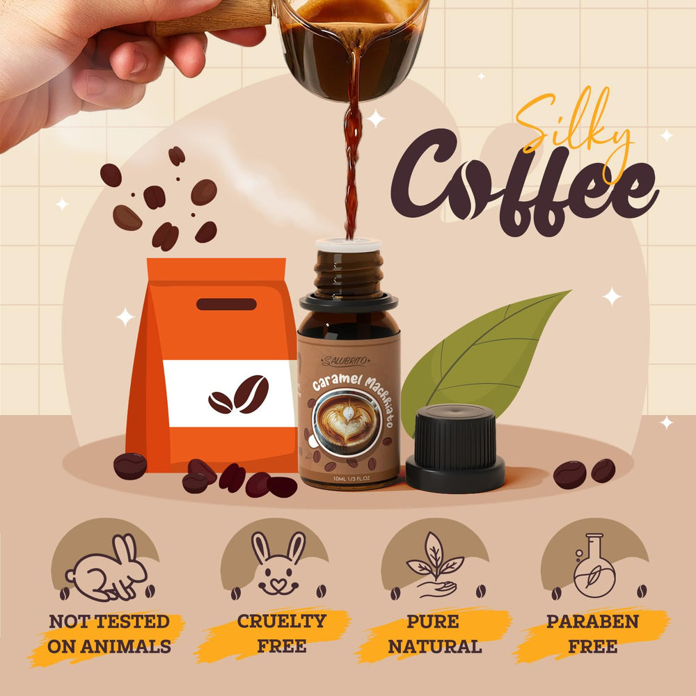 Salubrito Coffee Fragrance Oils caramel macchiato bottle—creates warm, inviting ambience.