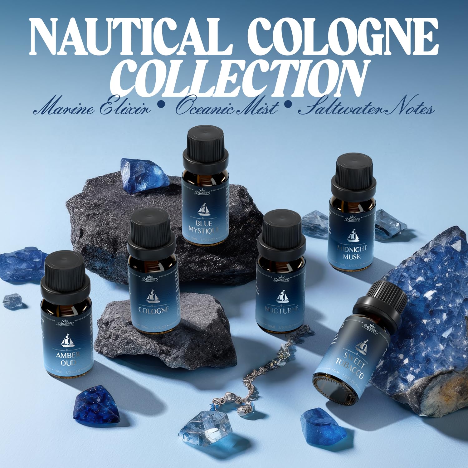 Salubrito Cologne Blue Mystique 10ml bottle brings oceanic vibe to spaces.