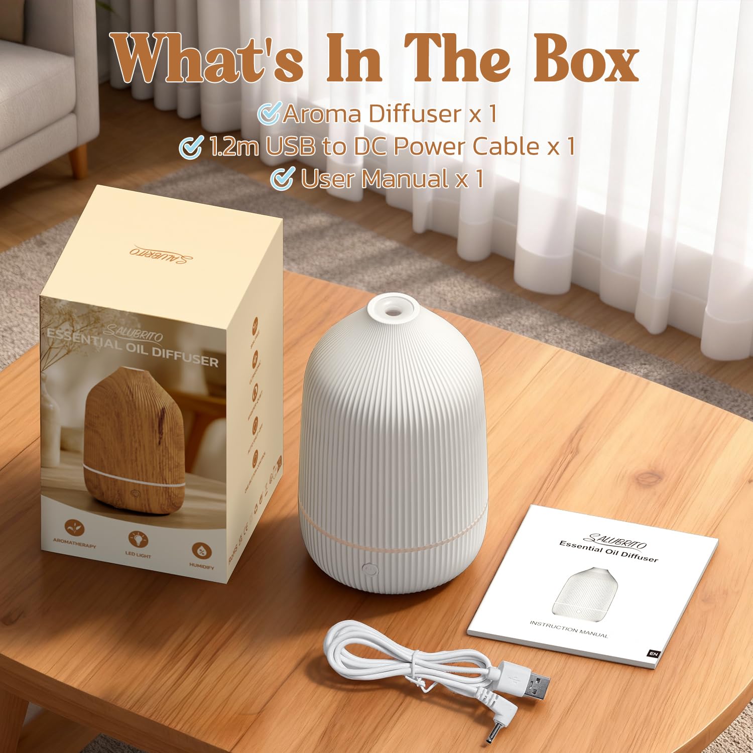 Salubrito diffuser showing 100ml water capacity for lasting fragrance