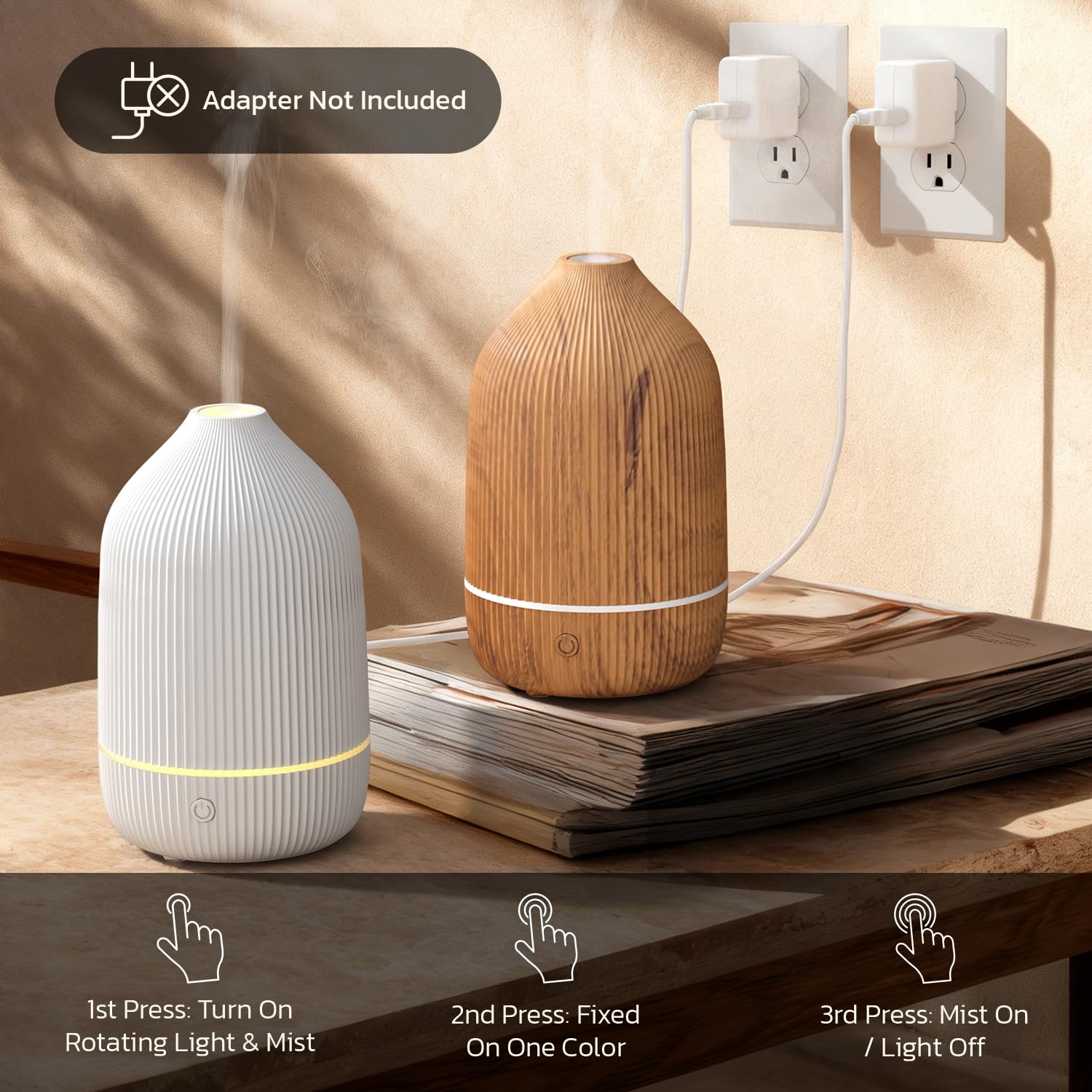 Salubrito wood grain diffuser on shelf complements decor and creates calm.