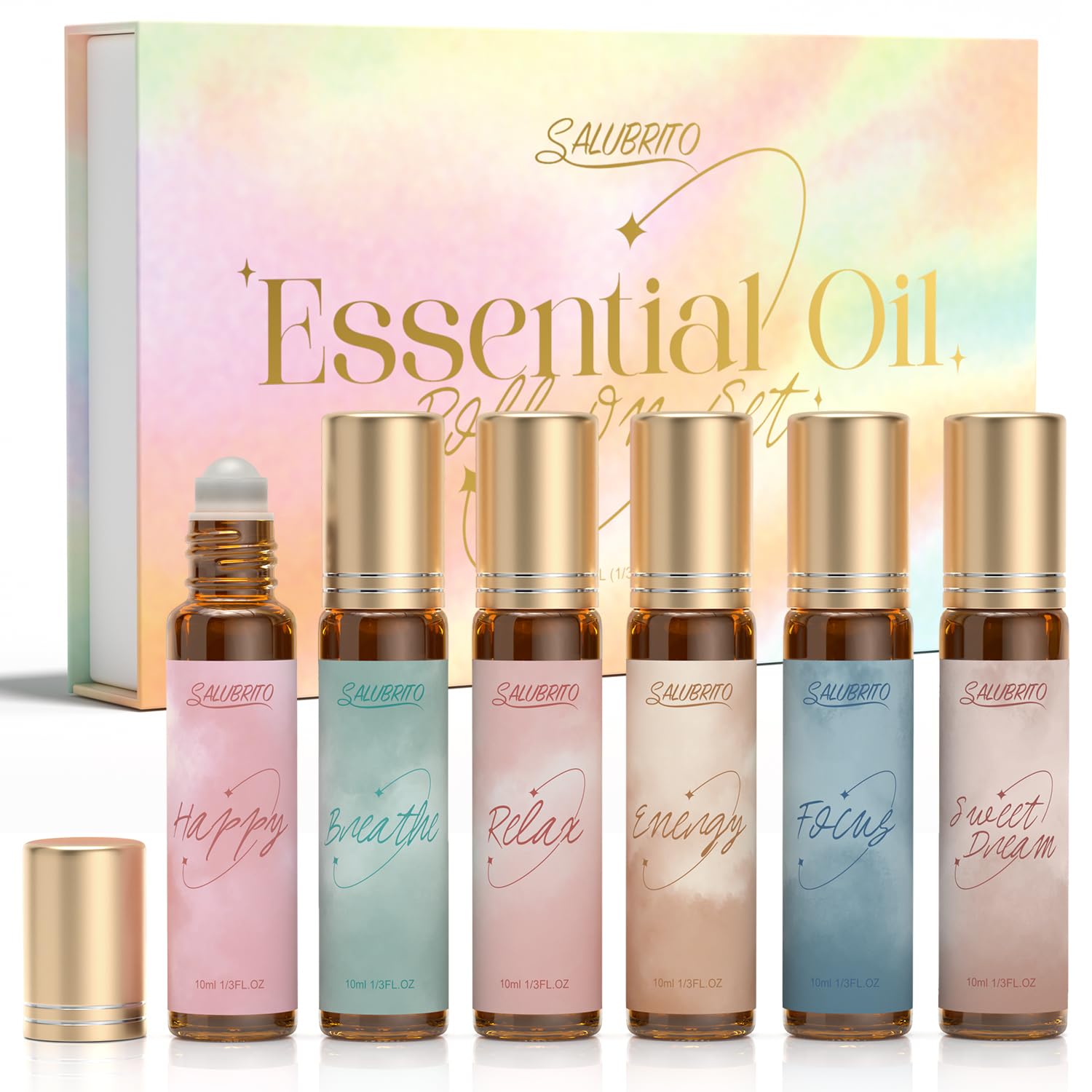 Salubrito essential oil roll-on gift set packaging with six bottles for on-the-go aromatherapy