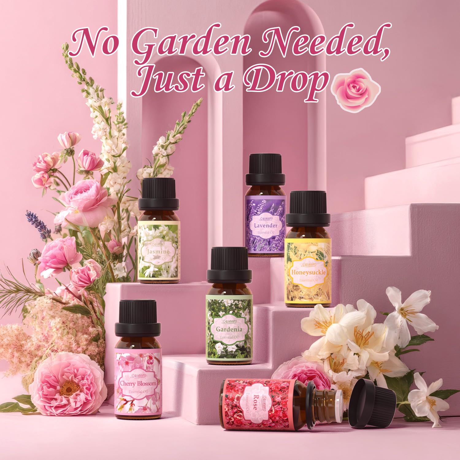 Salubrito Floral oils in dark bottles protect quality and freshness
