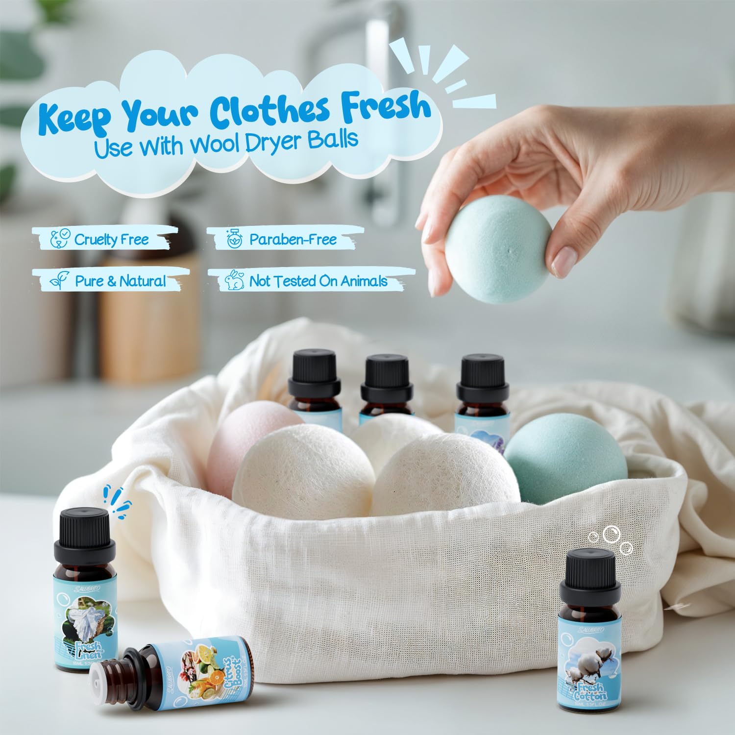 Salubrito Fresh Linen oil — clean scent enhances everyday fabrics.