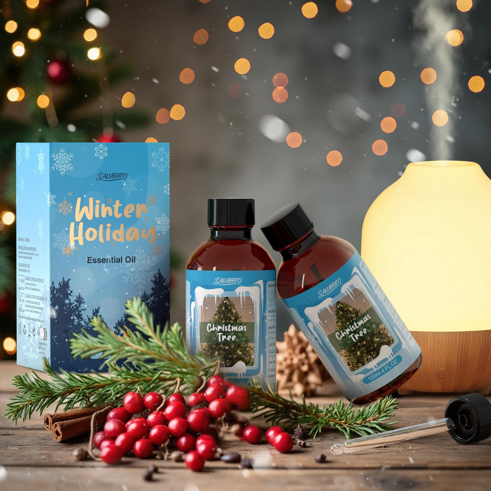 Salubrito gift-ready Christmas Tree oil packaging showcasing premium seasonal fragrance.