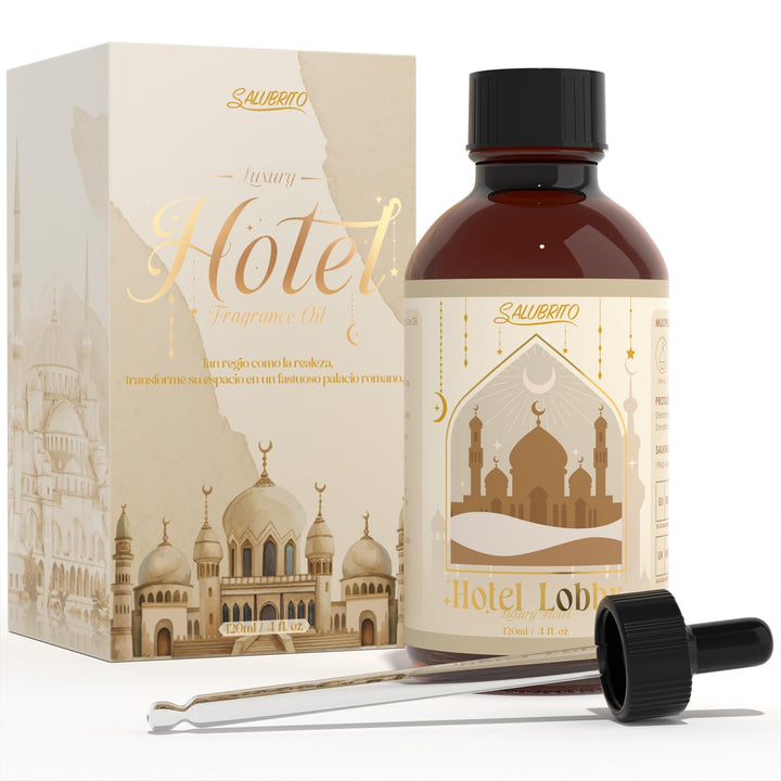 Salubrito hotel lobby oil bottle closeup, ideal for home spa ambience