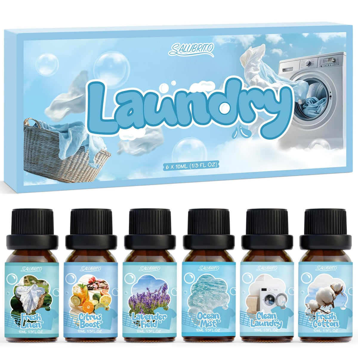 Salubrito laundry fragrance oil set — fresh linen for long-lasting fabric freshness.
