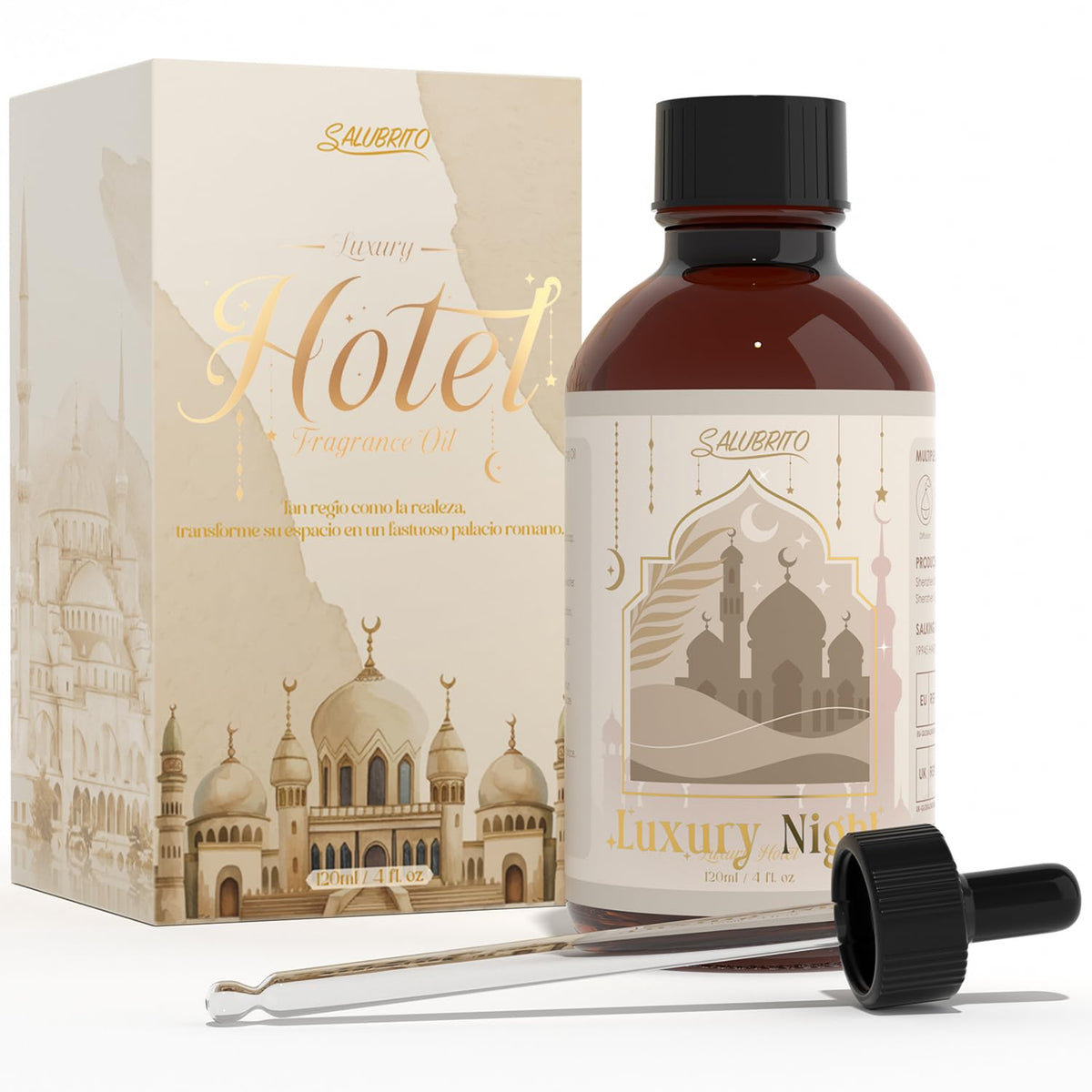 Salubrito Luxury Night Oil bottle on a bedside table for lasting aroma