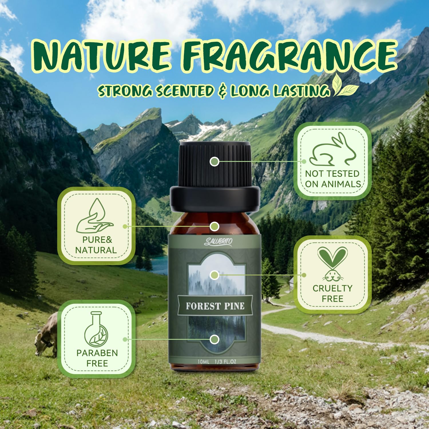 Salubrito Mountain Air oil evoking alpine freshness for diffusers