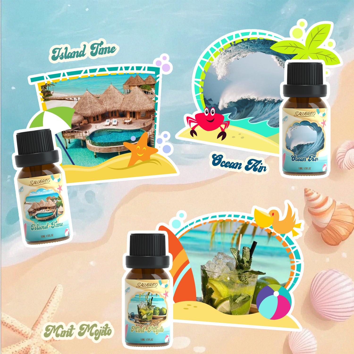 Salubrito Ocean Air fragrance oil bottle sparks ocean-air freshness in spaces.