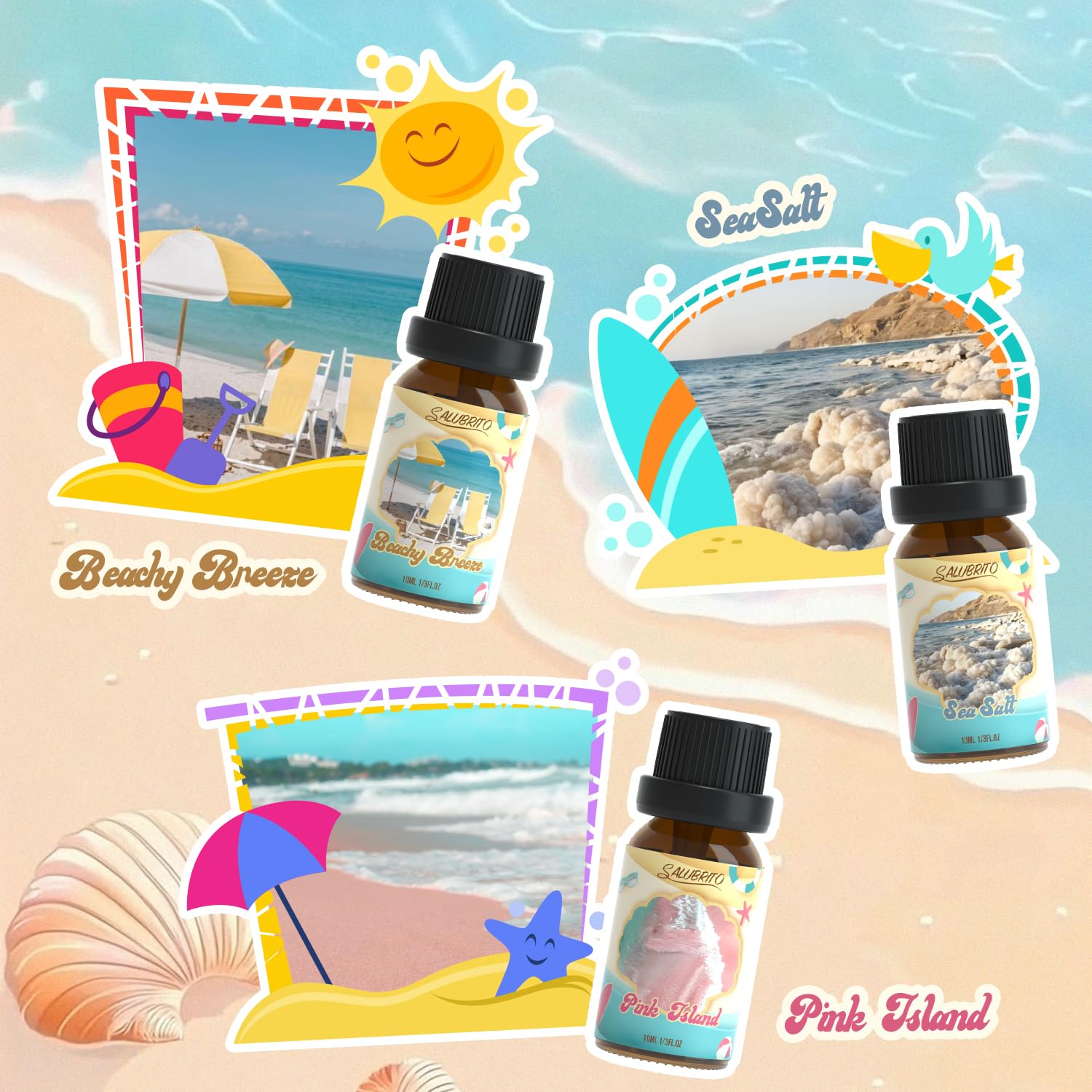 Salubrito Pink Island fragrance oil highlights floral notes for soothing aromatherapy sessions.