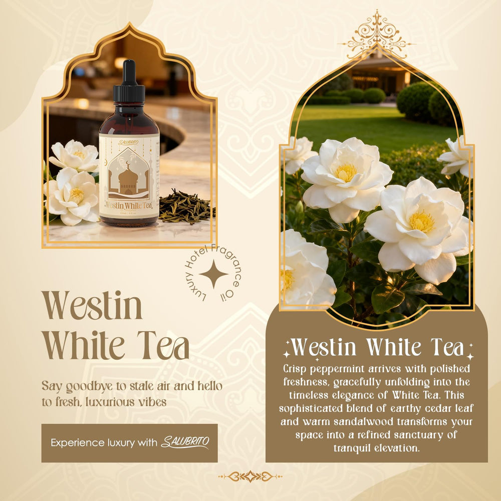 Salubrito W-Hotel White Tea diffuser in room delivering fresh, luxurious ambiance